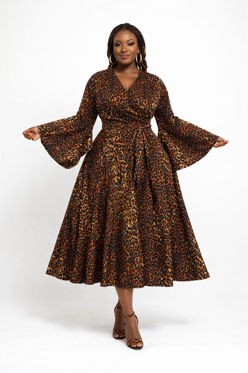 Wild Luxe Bell-Sleeve Wrap Midi Dress