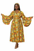 Golden Kente Bell-Sleeve Wrap Maxi Dress