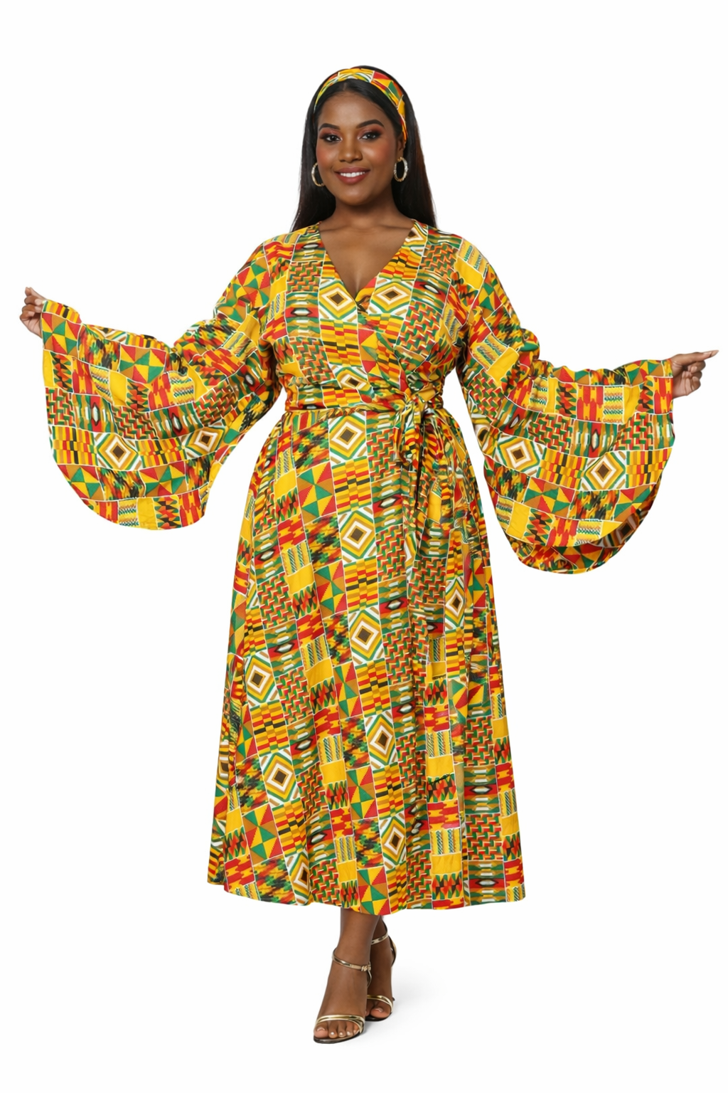 Golden Kente Bell-Sleeve Wrap Maxi Dress