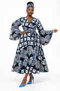 Indigo Spiral Bell-Sleeve Wrap Maxi Dress