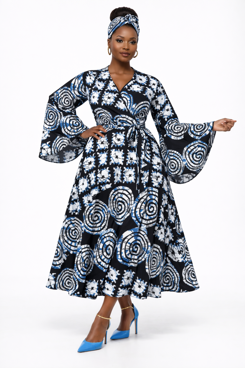 Indigo Spiral Bell-Sleeve Wrap Maxi Dress