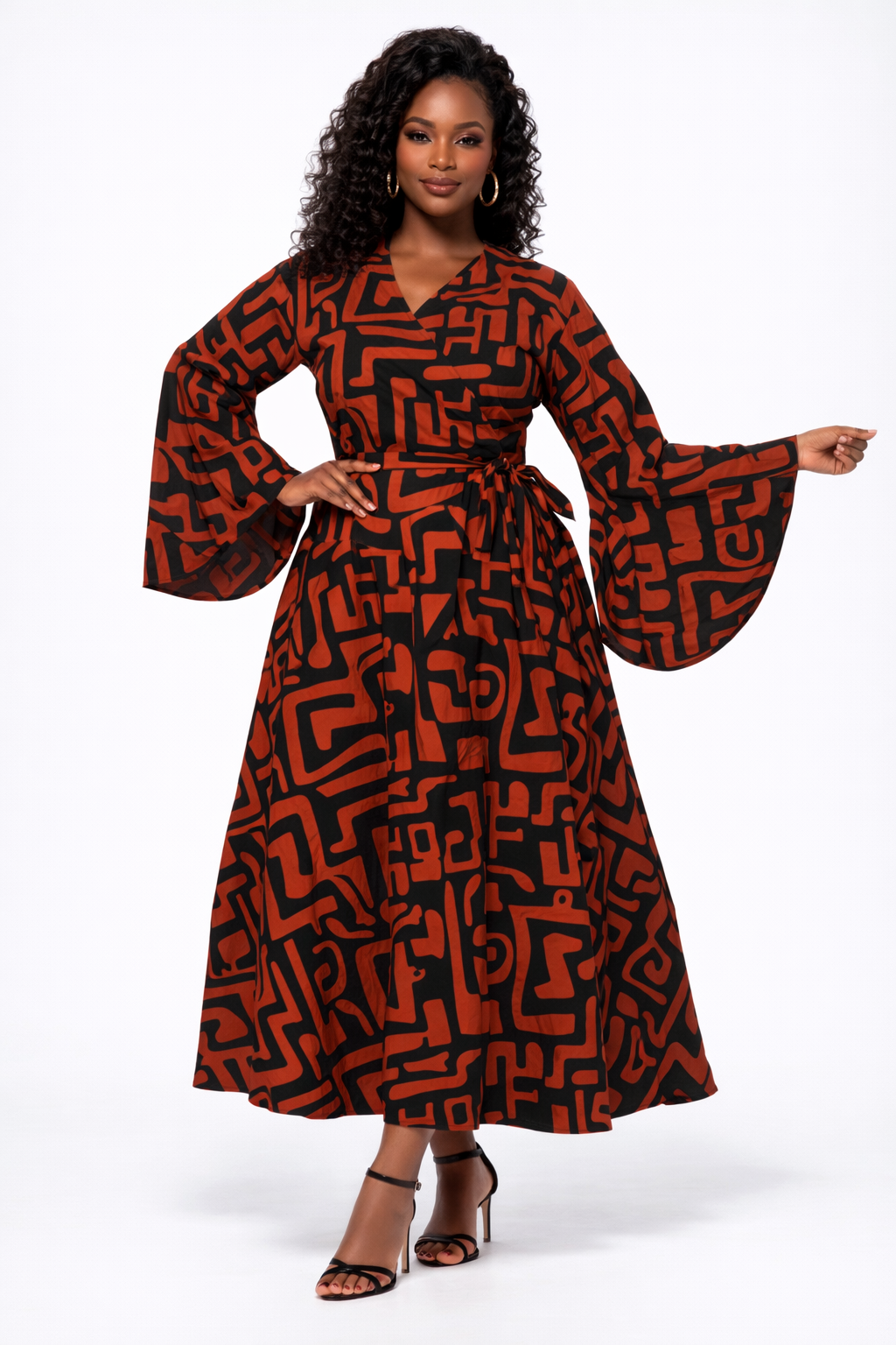 Ember Maze Bell-Sleeve Wrap Maxi Dress