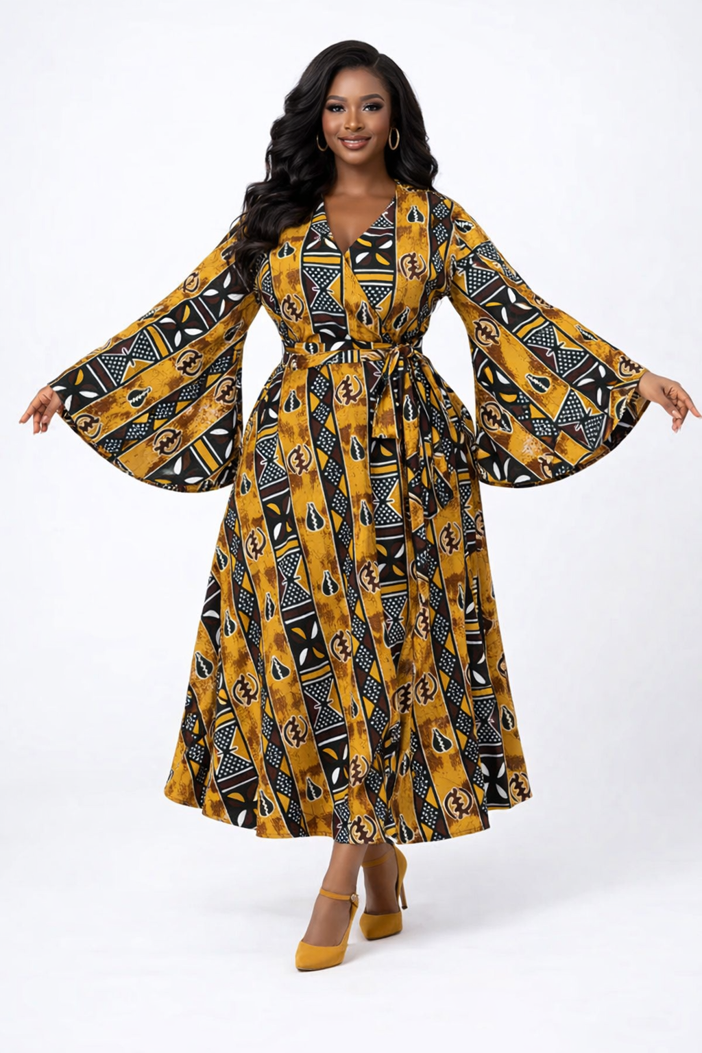 Golden Ancestry Bell-Sleeve Wrap Dress
